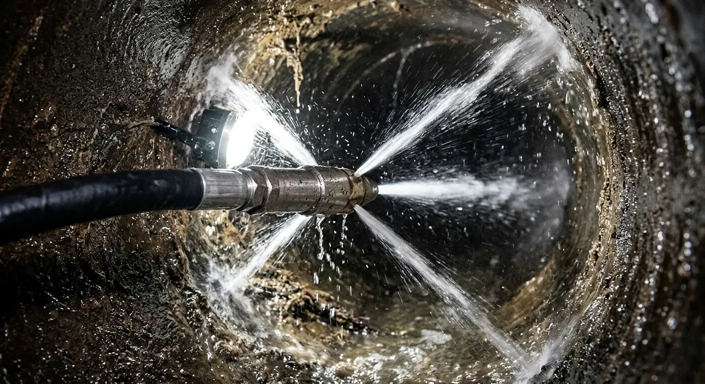 High-pressure hydro jetting nozzle cleaning sewer pipe for Sewer Cleanout in Morehead City
