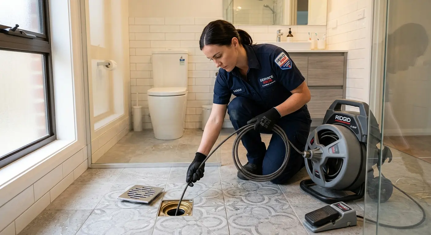 Technician clearing a bathroom floor drain for Hydro Jetting in Morehead City